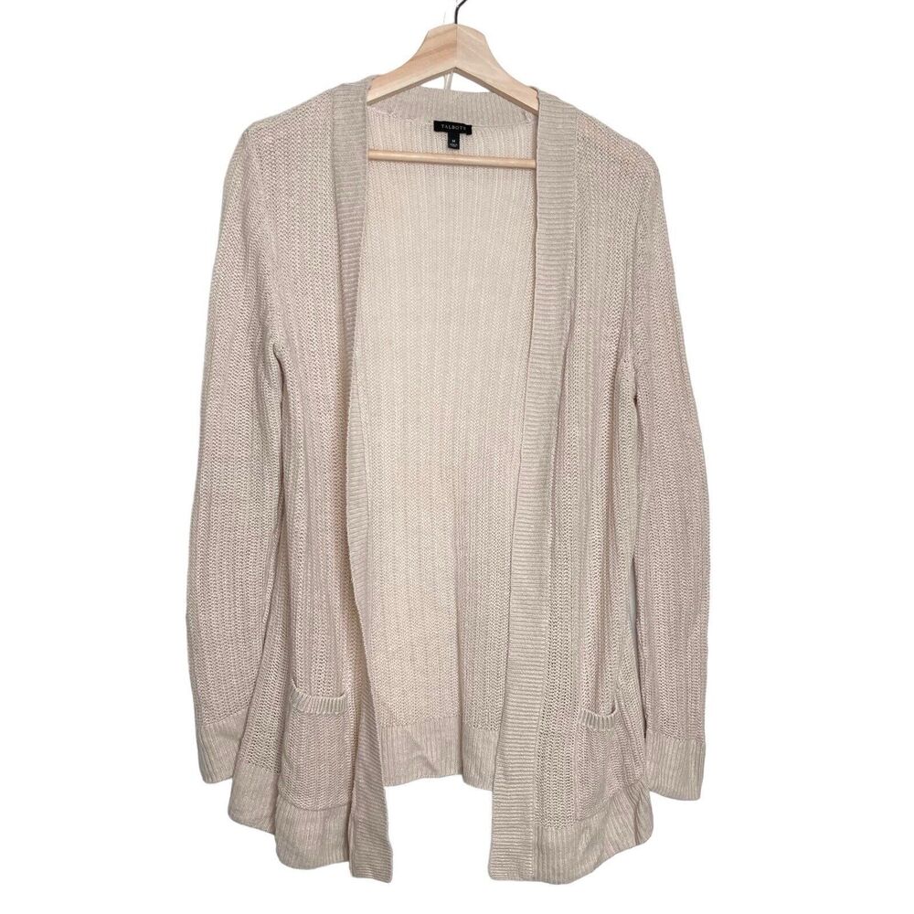 Talbots Women's White 100% Linen Open Front Cardigan Sweater Size Medium